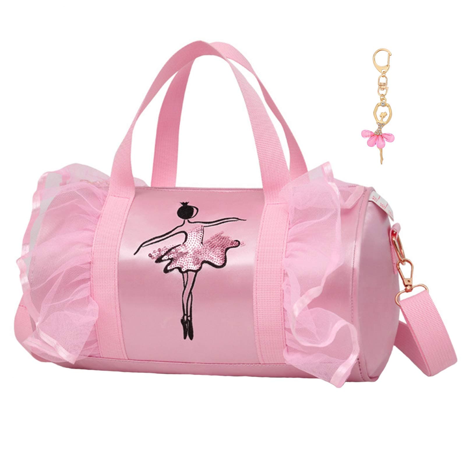 Cute Ballet Dance Bag Gym Travel Duffle Bag for Girls Tutu Dress Bag with Key Chain for Girls (Pink2 of Long Mesh)