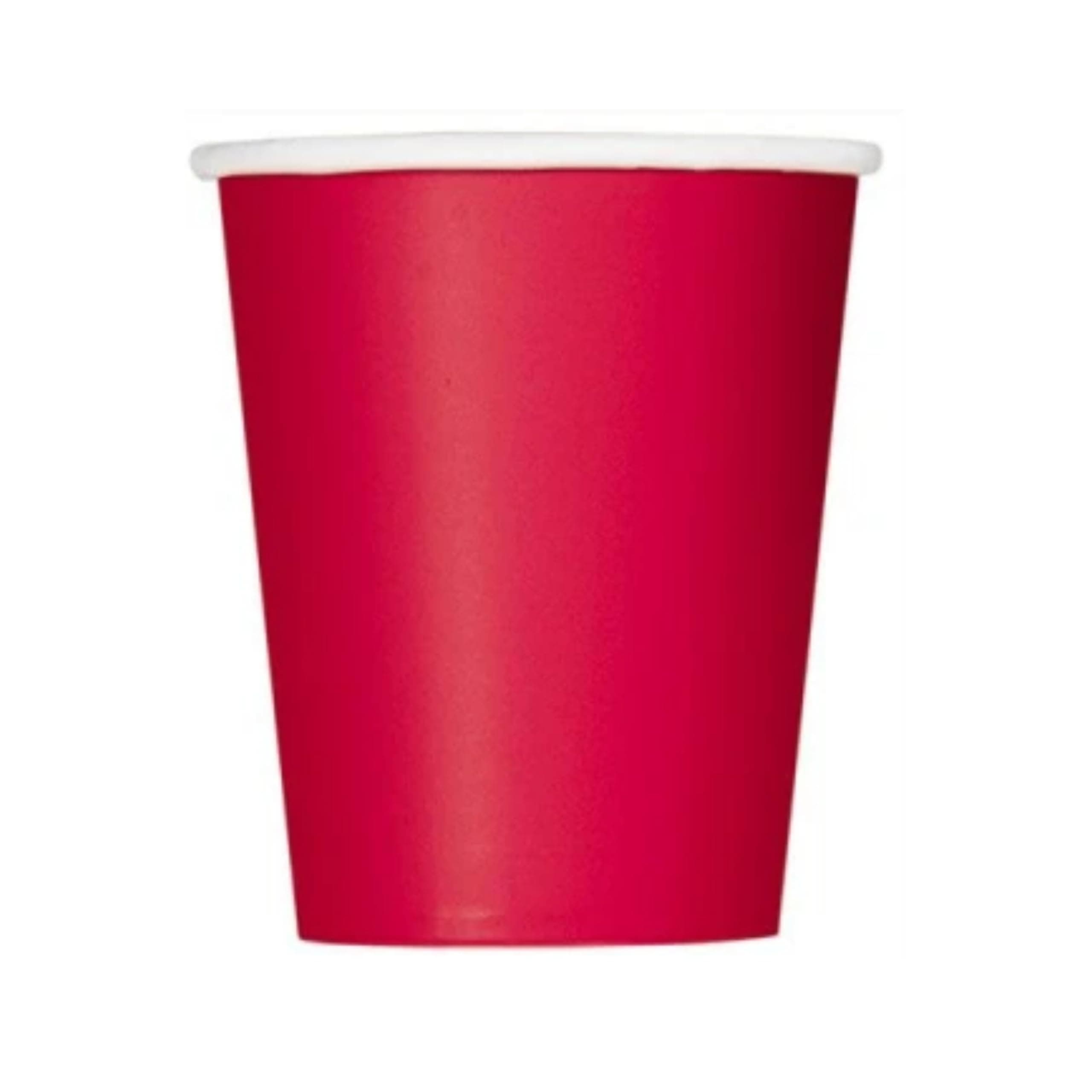 Ruby Red Cups 9oz – Pack of 14. Bold red paper cups perfect for birthdays, Valentine’s parties, weddings, and serving hot or cold drinks.