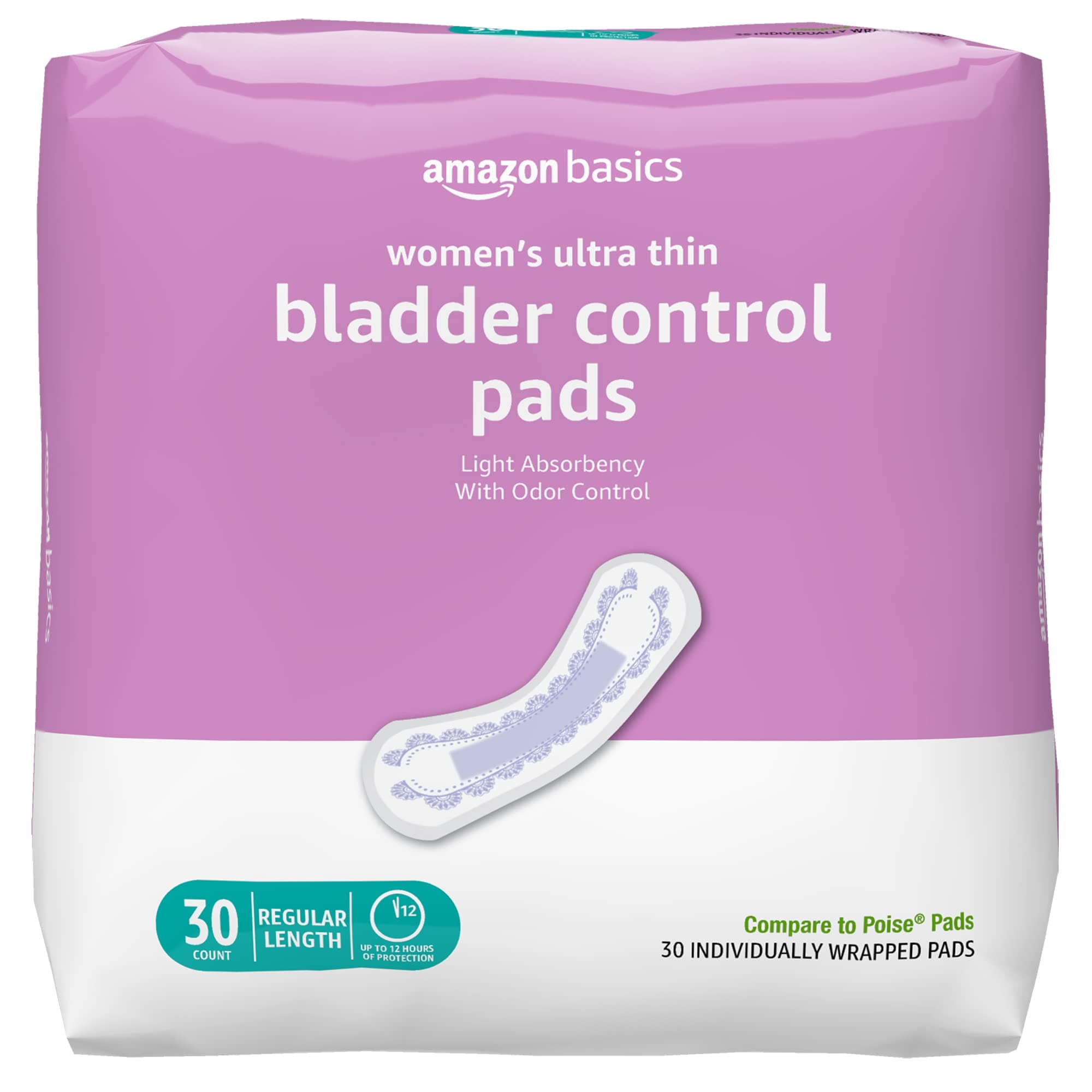 Amazon Basics Ultra Thin Incontinence, Bladder Control & Postpartum Pads for Women, Regular Length, Light Absorbency, 30 Count, 1 Pack (Previously Solimo)