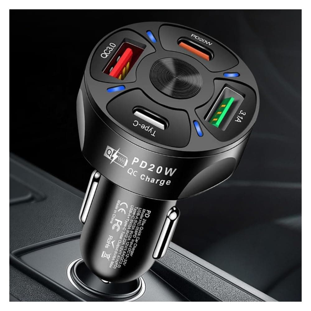 Car Charger Adapter,4 Ports USB Fast Car Charger QC3.0/PD20W/Type-c/2.1A, Smart Shunt Car Phone Charger Compatible iPhone 14 13 12 Pro Max/All Smart Phones (Black)
