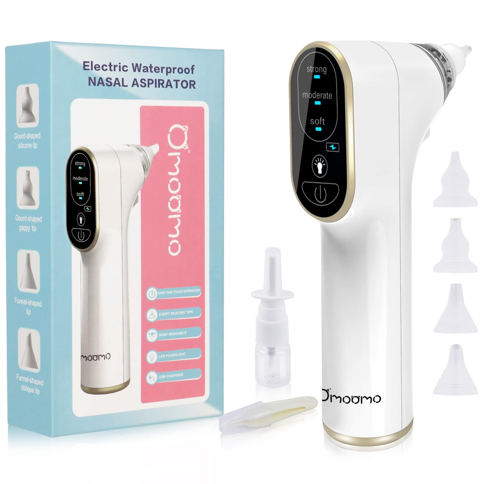Nasal Aspirator for Baby, Electric Nose Sucker with Warm Light, Low Noise Nose Cleaner, USB Rechargeable, 3 Suction Levels, Contain 4 x Silicone Tips, 1 x Nasal Spray Boottle, 1 x Tweezers