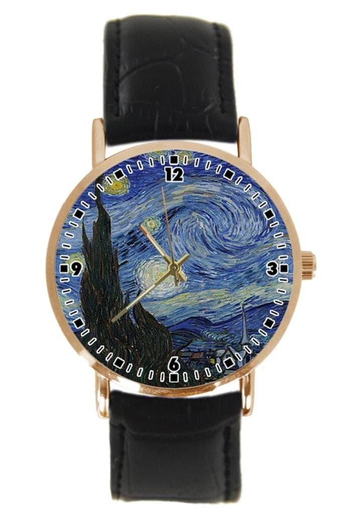 The Starry Night by Vincent Van Gogh Custom Metal Sport Wrist Watch with Black Leather Band Unisex Design