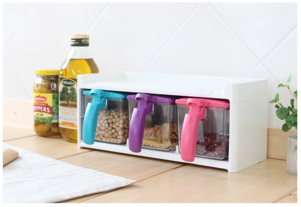 BT Color Seasoning Rack Spice Pots - 3 Piece Seasoning Box - Storage Container Condiment Jars - Cruet with Cover and Spoon