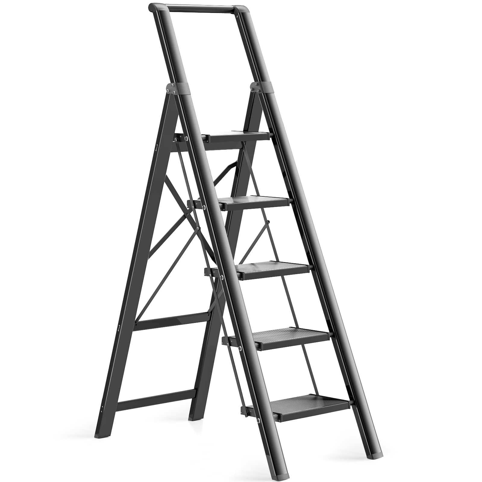 5 Step Ladder, Ladnamy Folding Step Stool with Wide Anti-Slip Pedal&Handrail, Aluminum Lightweight Portable Step Stools for Adults, 330 IBS Capacity Multi-Use Ladders for Home&Kitchen, Black