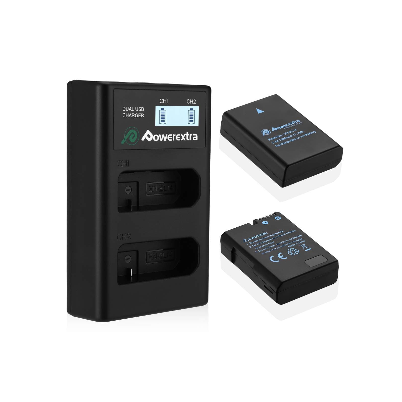 PowerextraEN-EL14 EN EL14A Battery USB Charger and 2-Pack Rechargeable Batteries Compatible with Nikon D3100 D3200 D3300 D3400 D3500 D5100 D5200 D5300 D5500 D5600 DF Coolpix P7000 P7100 P7700 P7800