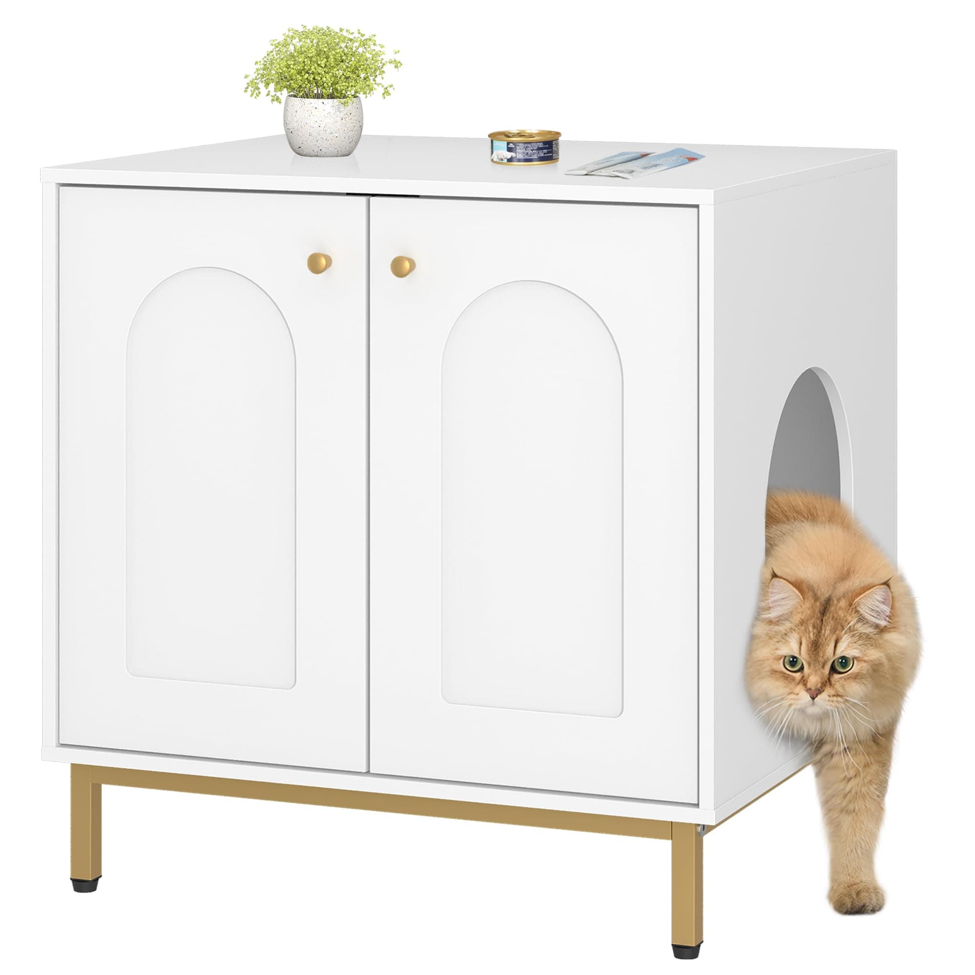 Cat Litter Box Enclosure, Hidden Litter Box Furniture Cabinet, Wooden Indoor Cat House, Side End Table, Living Room, Bedroom, White and Gold CB81203G