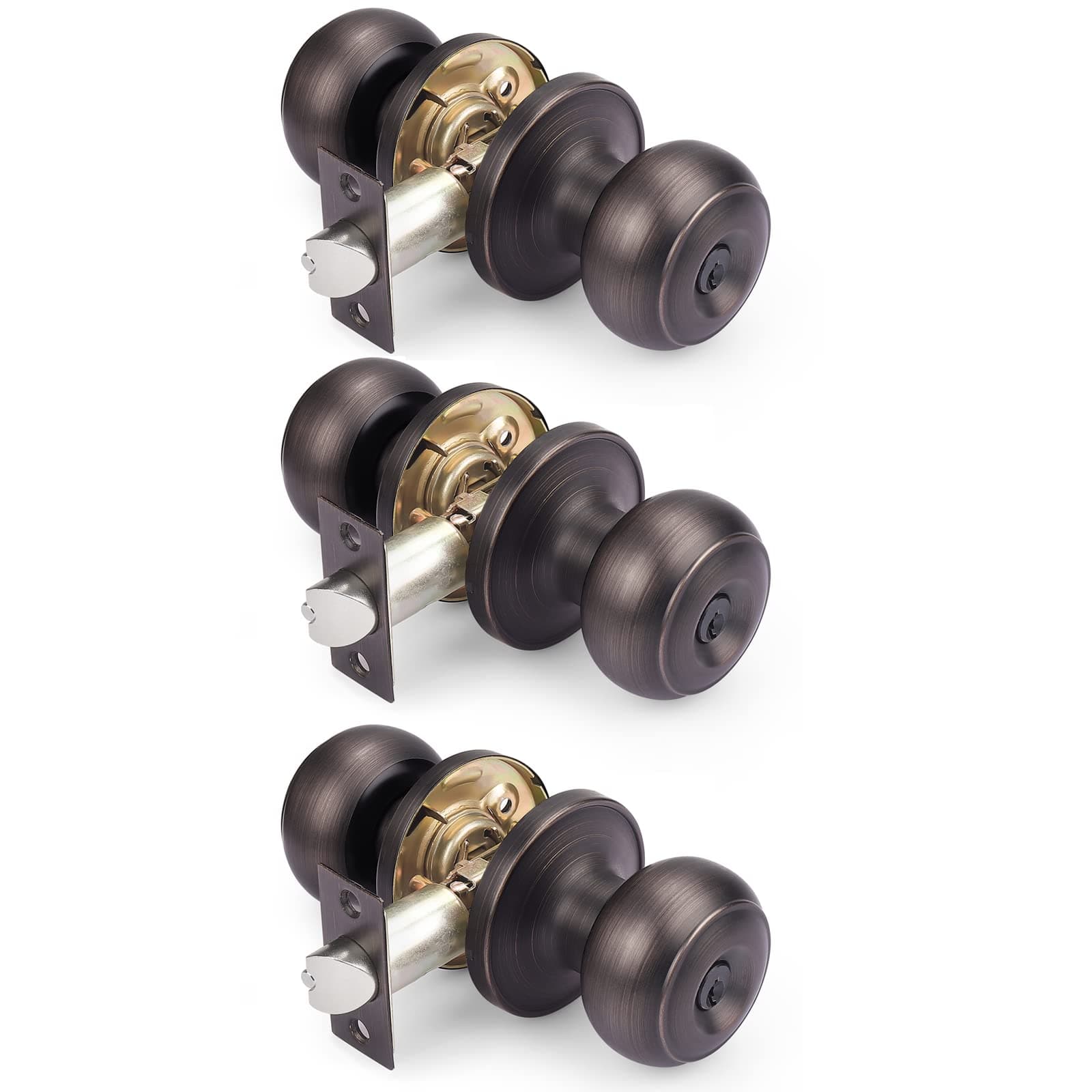 Pinson 3 Pack Entry Door Knob with Keys Stainless Steel Exterior Door Handles Security Front Door Lock Set Oil Rubbed Bronze