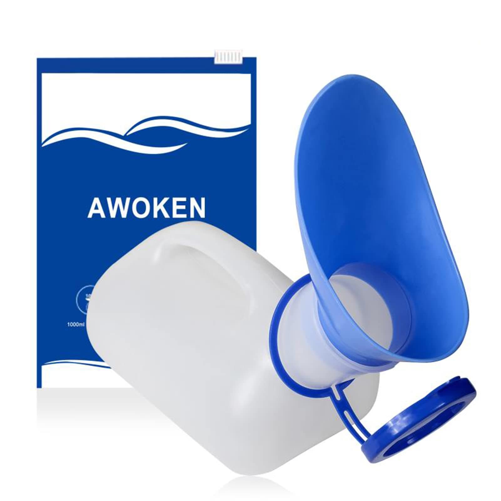 AWOKEN Unisex Urinal, Portable Toilet Urinal for Men and Women, Pee Bottle with a Sealed Lid and Funnel for Elderly Kids and Patients for Camping Outdoor Travel (Blue-1 Set of Urinal)
