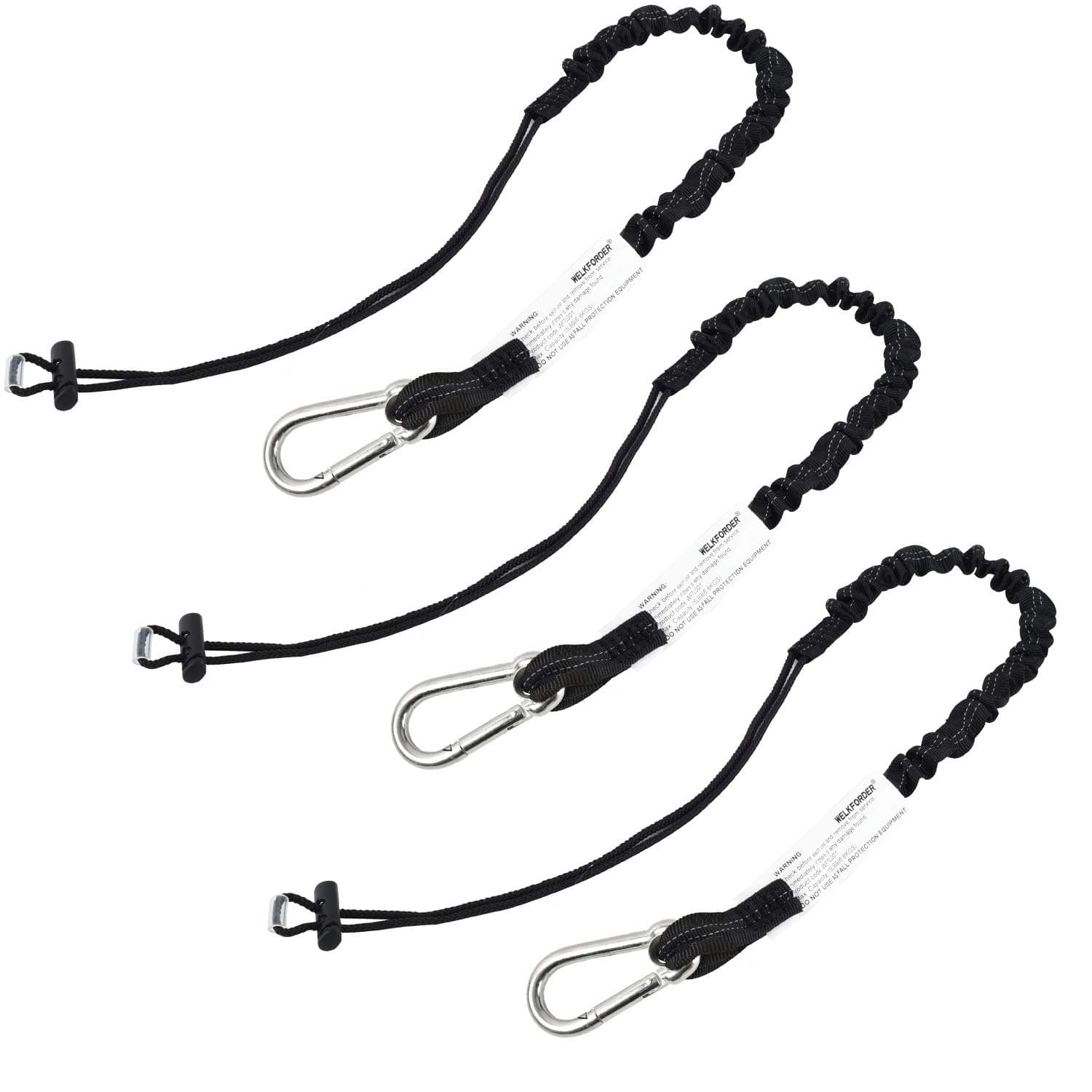 3-Pack Energy-absorbing Tool Lanyard Upgraded 15 lbs Maximun Working Capacity Single Alloy Steel Self-locking Carabiner with Shock Cord Stopper