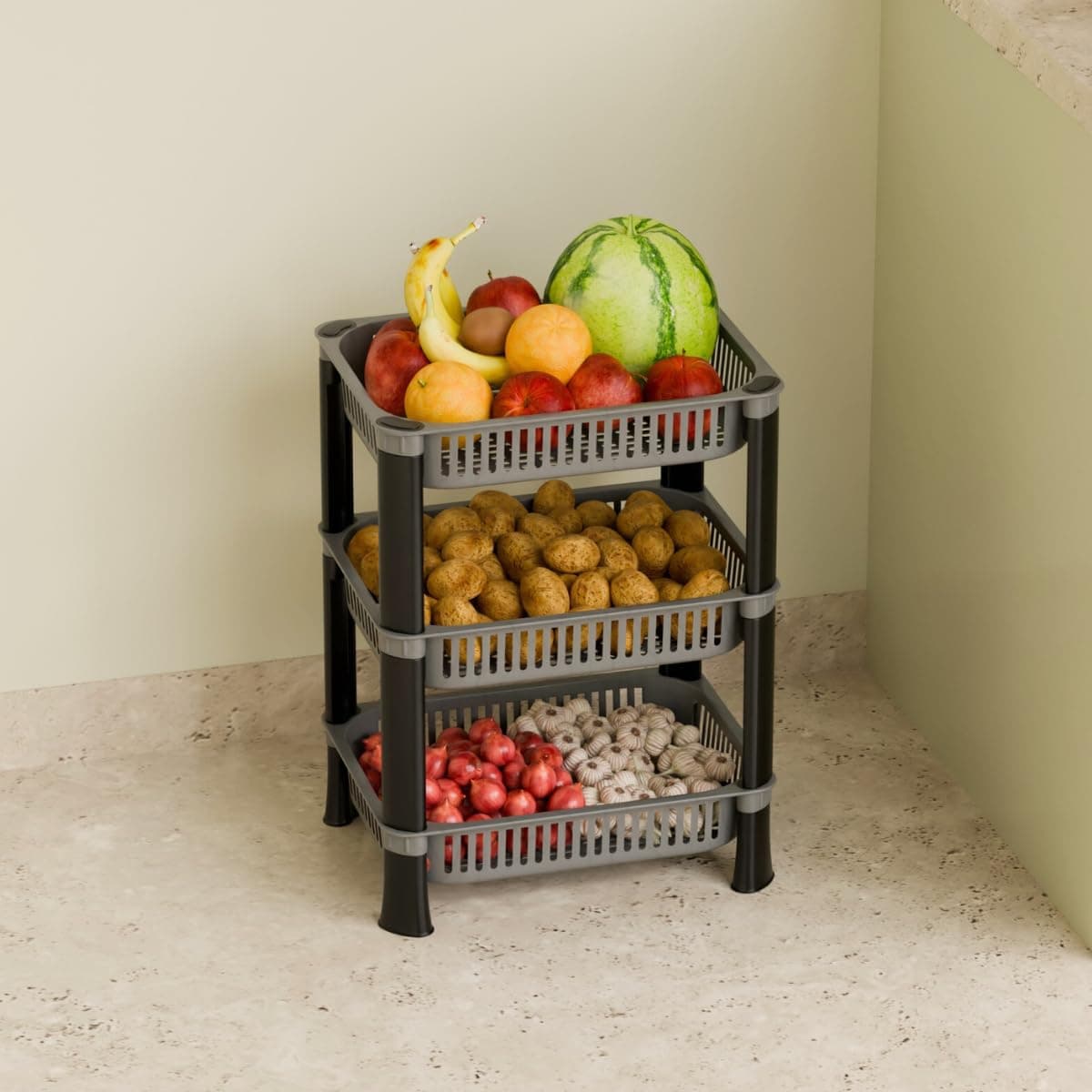 Multipurpose Plastic Kitchen Rack with Baskets | Vegetable & Fruit Storage Stand | Strong & Durable Organizer for Kitchen, Bathroom & Utility (3 Layer, Silver)