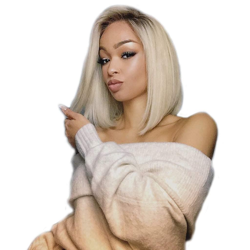 Feitengtd Wig with Baby Hair Human Hair Full End Short Bob Wigs for Black Women (Gold)