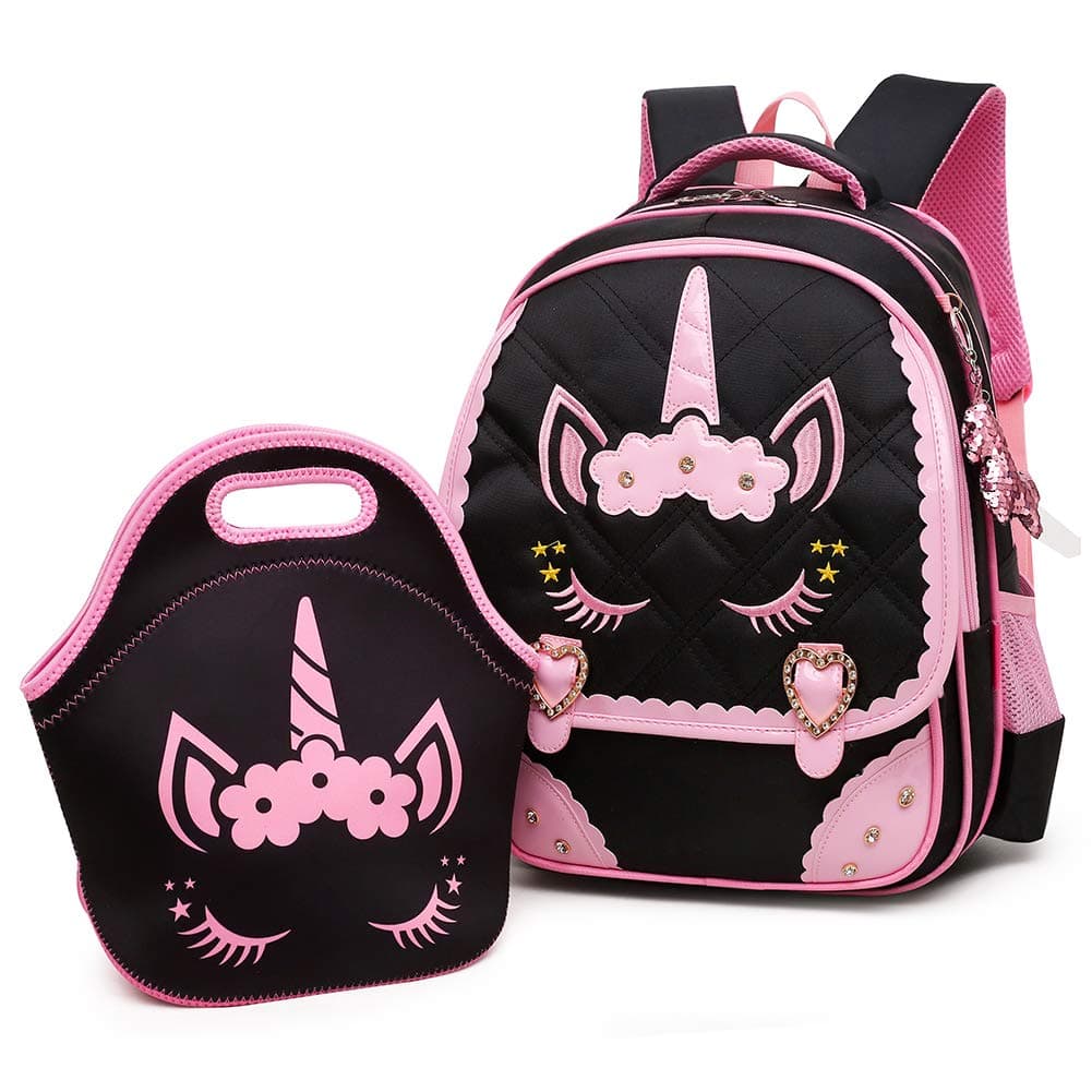 Cute Unicorn Face Diamond Sequins Waterproof Princess School Backpack Set Girls Book Bag