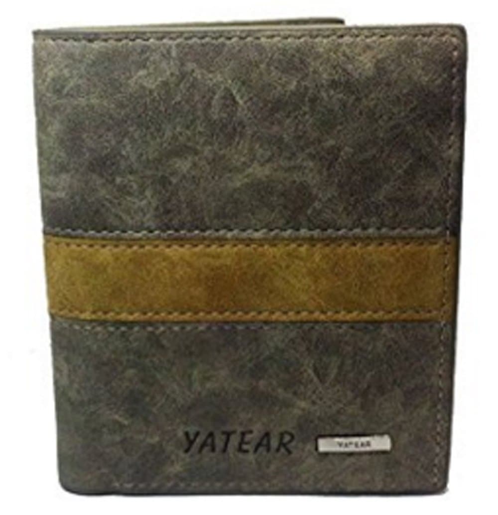 Men's Genuine Leather Trifold Verical Wallet Dark Gray Yatear Middle Stripe