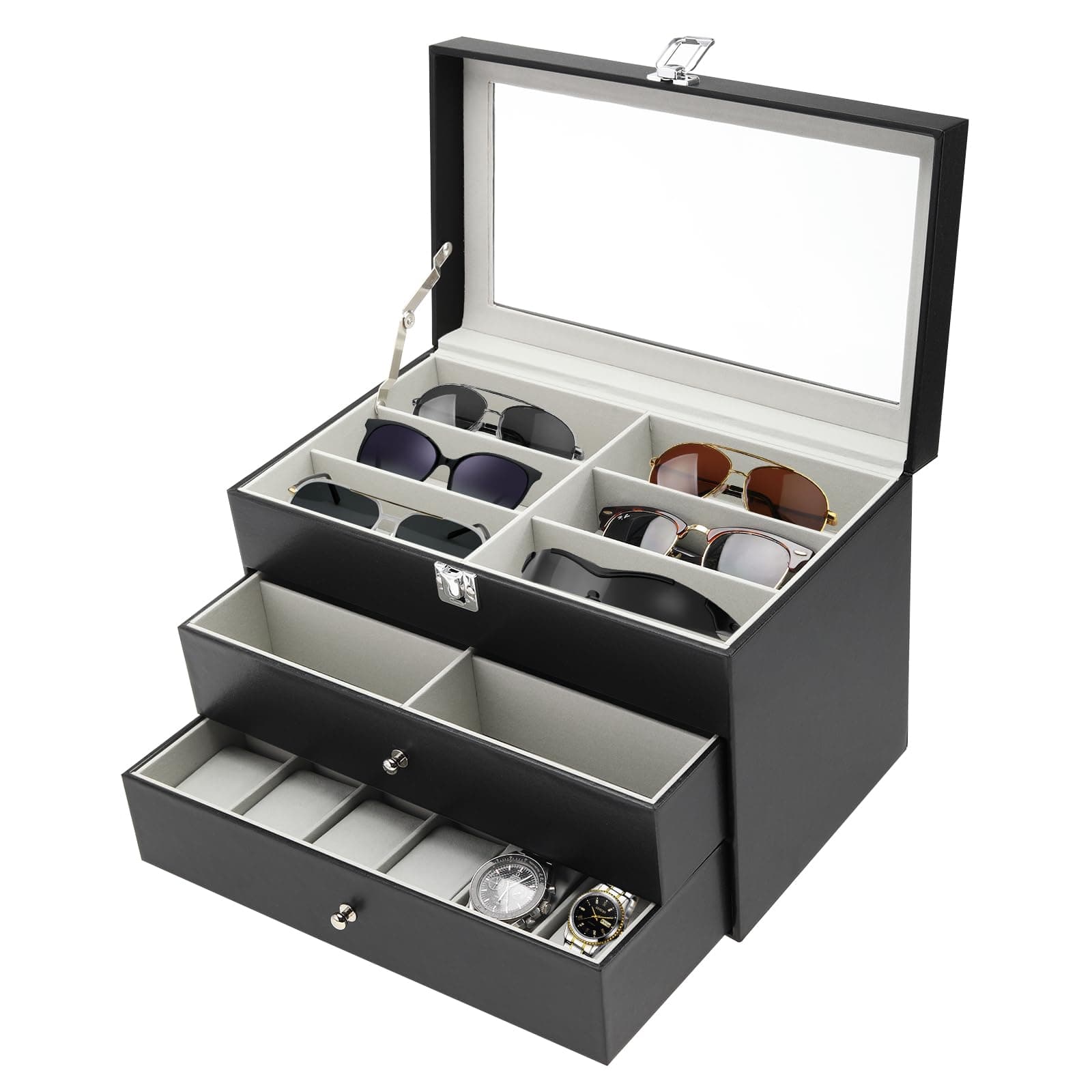 NovelBee 3 Layers 12 Grids Eyeglasses Sunglasses Storage with 12 Slots Watch Boxes,Multi-Function Leather Watch Jewelry Eyeglasses Sunglass Display Case Organizer for Women and Men