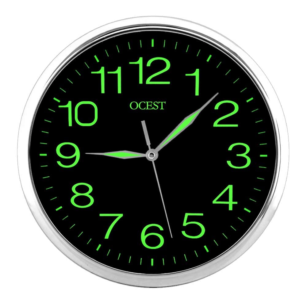 OCEST 12 Inch Wall Clock with Night Light Non Ticking Silent Quality Quartz Large Display Battery Operated Indoor Outdoor Decorative Clock for Bedroom Living Room Kitchen Office Garage School