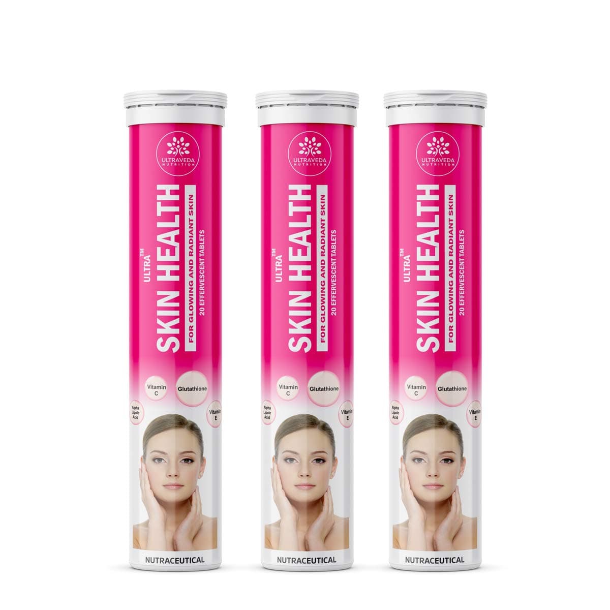 ULTRAVEDA™ Nutrition Ultra Skin Health™ GLUTATHIONE, Vitamin C, E, Grape Seed Extract, ALA Multivitamin Effervescent tablets Woman Glowing Skin Care Immunity Booster Antioxidant - Pack of 3(60 Tabs)