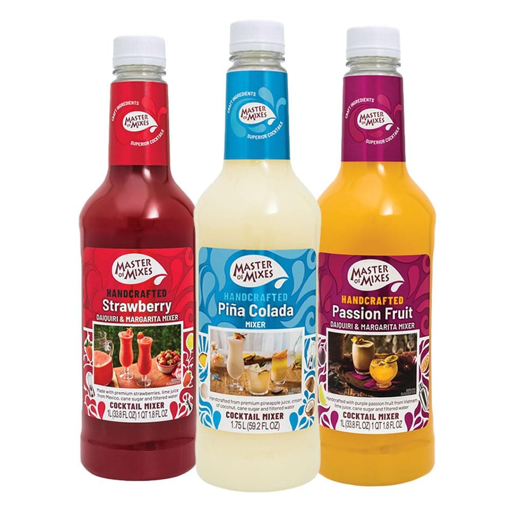 Master of Mixes Fruity Frozen FUNdamentals Variety Pack: Pina Colada, Strawberry Daiquiri, and Passion Fruit Daiquiri - Ready to Use, 1 Liter Bottles (33.8 Fl Oz), Pack of 3 Flavors