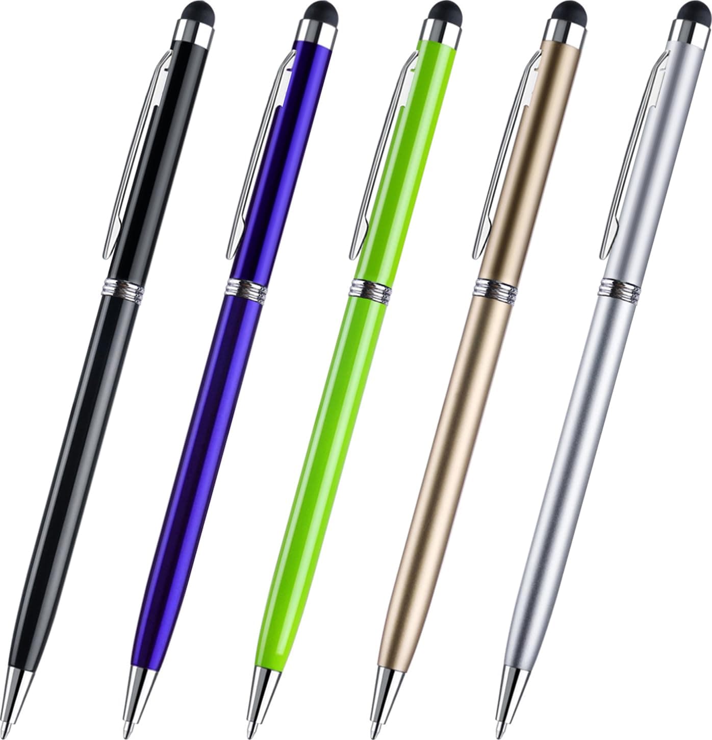 ChaoQ Stylus Pen 5 Pack 2 in 1 Slim Capacitive Stylus and Ballpoint Pens for Touch Screens Devices iPad iPhone Tablets Kindle with 10 Extra Rubber Tip 5 Refills (Black/Silver/Blue/Gold/Green)