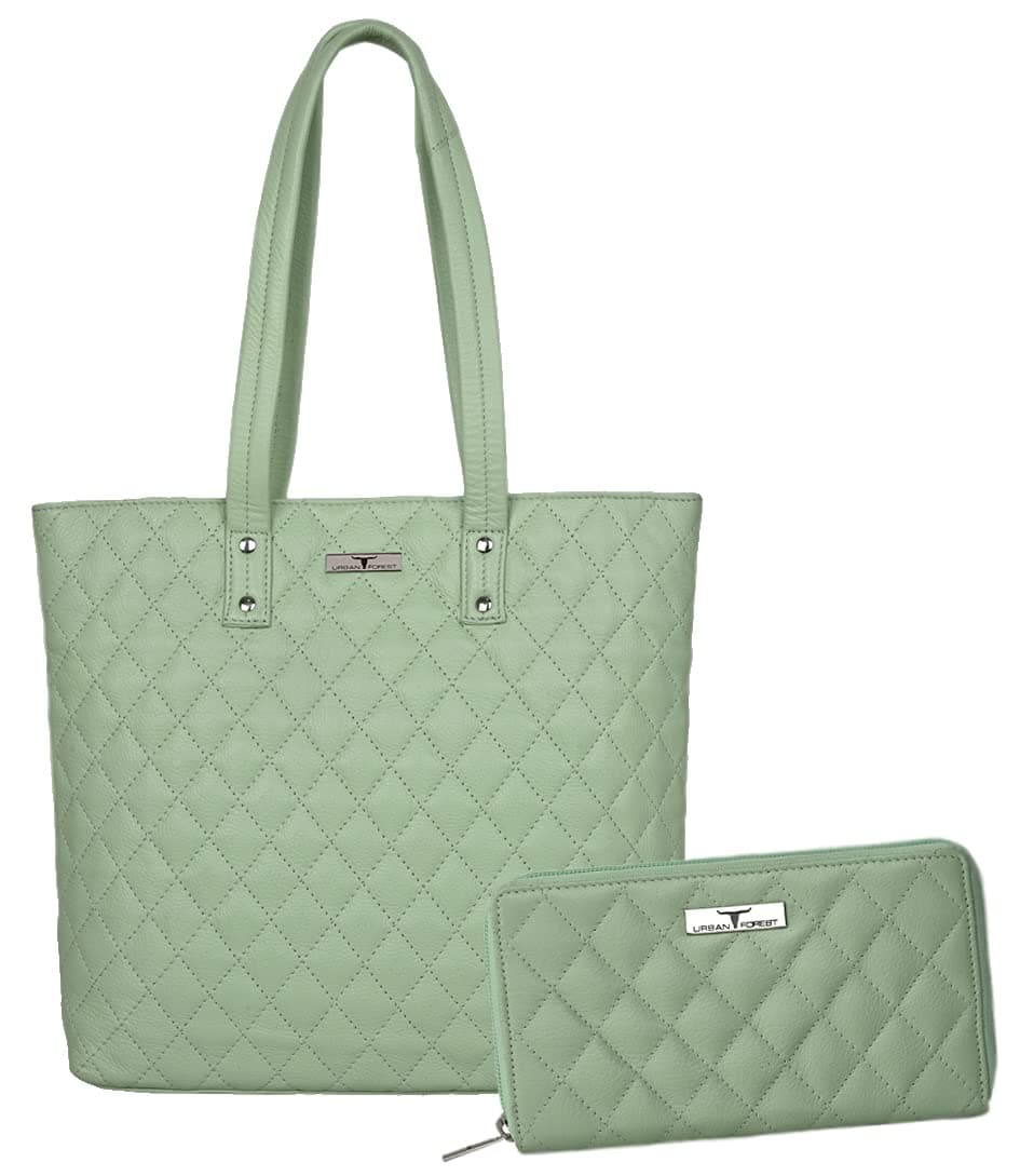 URBAN FORESTNancy Mint Green Quilted Leather Handbag & Mint Green Quilted Leather Wallet Combo Gift Set for Women