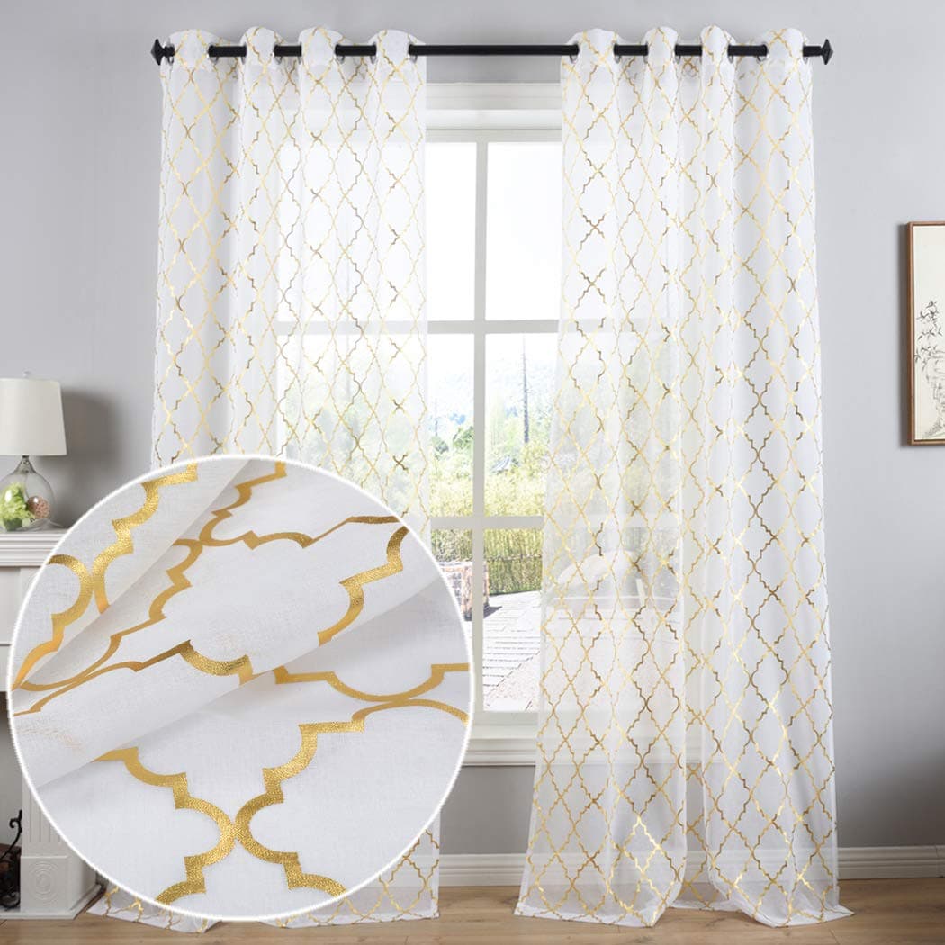 Kotile Gold White Sheer Curtains 84 Inches Long 2 Panels Metallic Gold Moroccan Sparkle Sheer Curtains for Living Room, Grommet Privacy Light Filtering Shimmer Window Sheer Curtains, W52 x L84 Inch