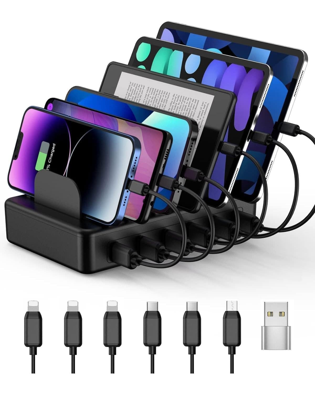 CREATIVE DESIGN 50W 6 Ports Multi Charger Station with 6 Charging Cables, USB Charging Dock for Multiple Devices, Compatible with Cellphone iPad Kindle Tablet and Other Electronic Devices