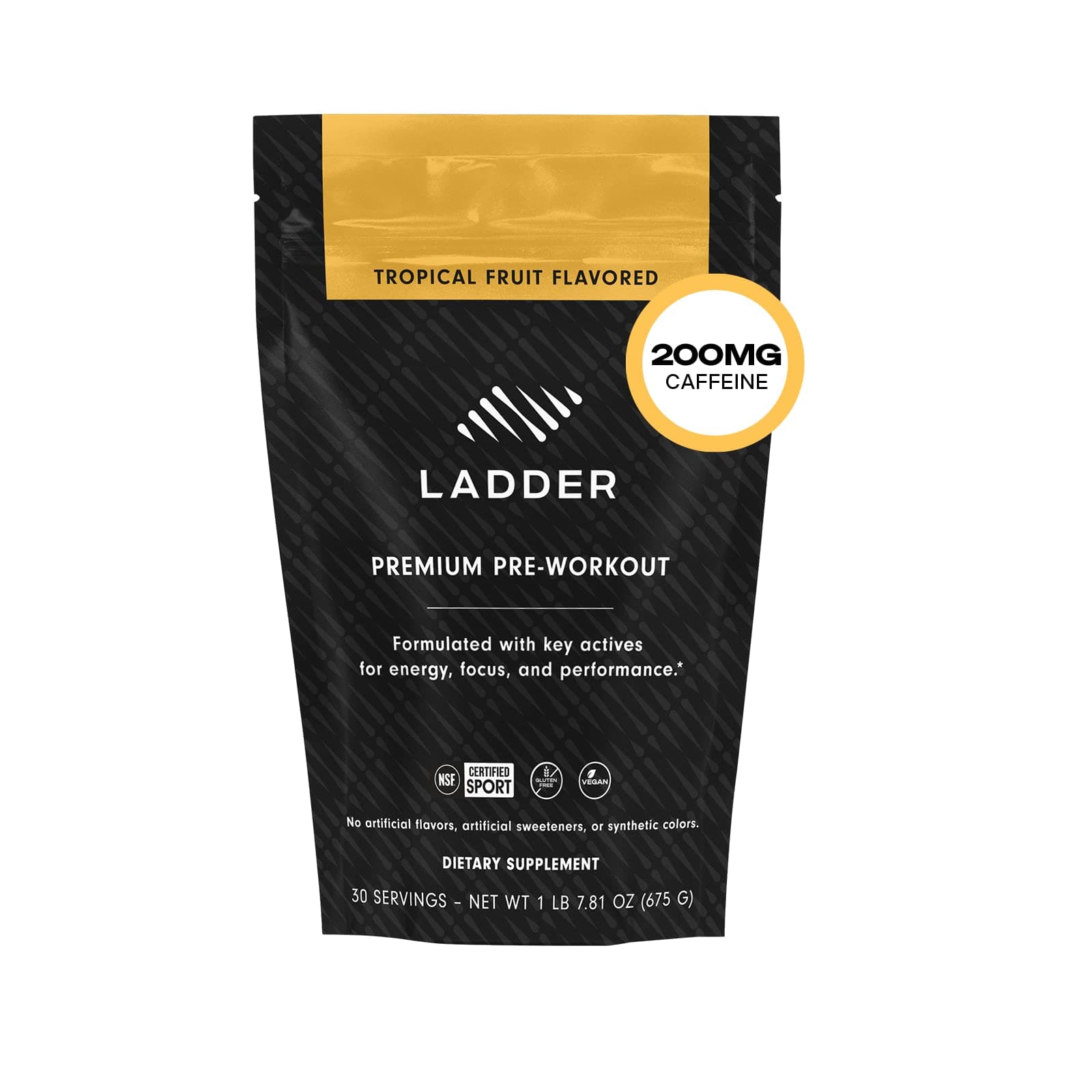 LADDER Sport Pre Workout Powder, 200mg Caffeine, Beta-Alanine, Creatine, Theanine, Clean Energy with No Artificial Sweeteners, NSF Certified for Sport (Tropical Fruit, 20 Ounce Bag with Scoop)