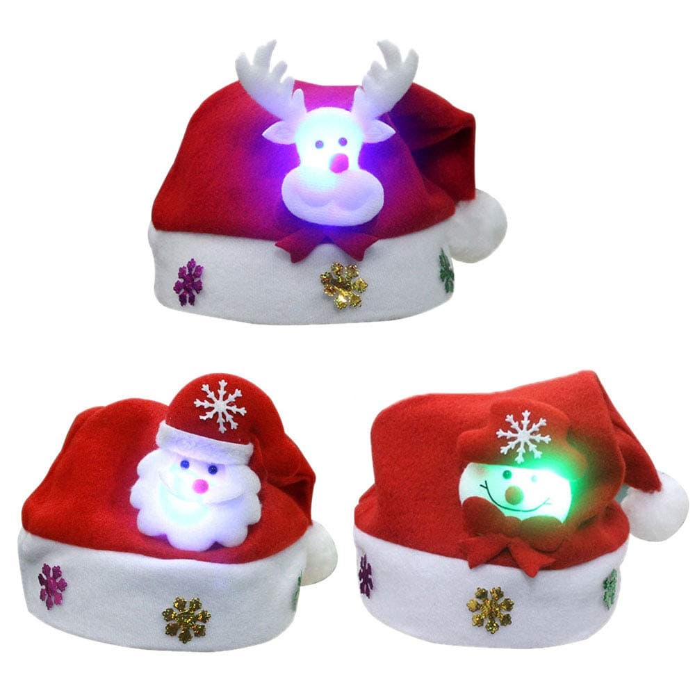 Christmas Hat Funny Santa Snowmen Reindeer Christmas Party Hat 3 Pack Headband Soft Comfort Flannel Christmas Party Kit with LED Light