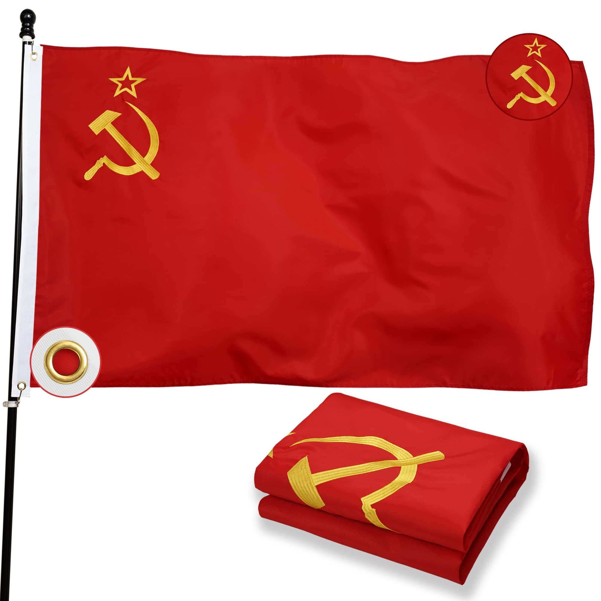 POZOY Deluxe 3x5 ft Soviet Union Flag for Outside, Double Sided Union of Soviet Socialist Republics Flags Longest Lasting, Emboridered Image, Heavy Duty Nylon, Brass Grommets Perfect for Outdoors!