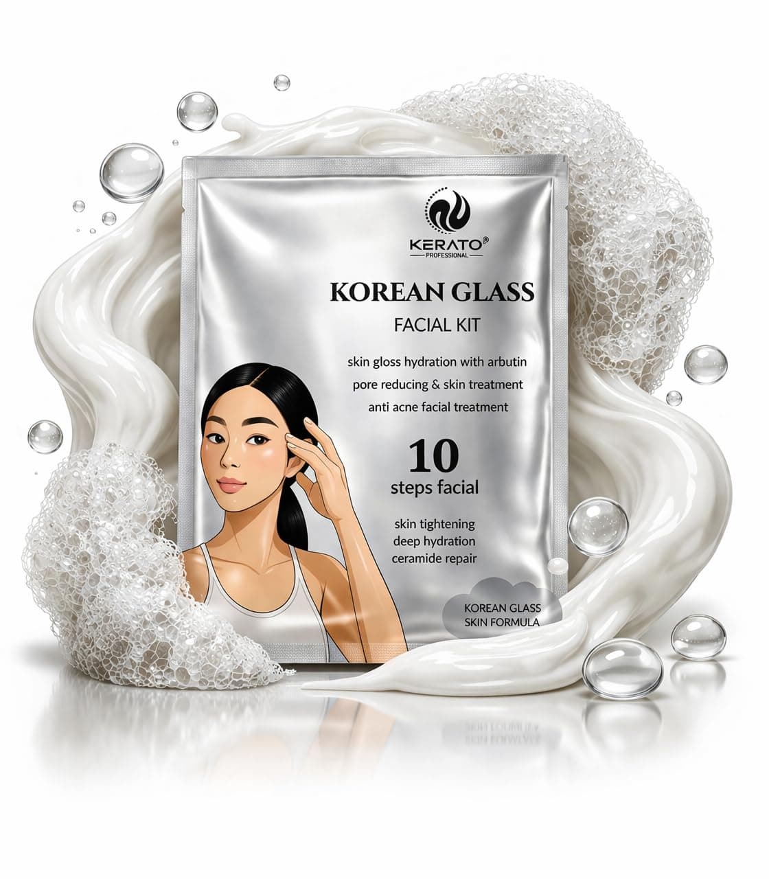 KERATOPLUS Korean Glass Skin Facial Kit – 10-Step Rejuvenating Treatment | Hydration with Arbutin | Reduces Pores, Fights Acne, Lightens Scars | Age-Defying Formula for Dry & Sensitive Skin