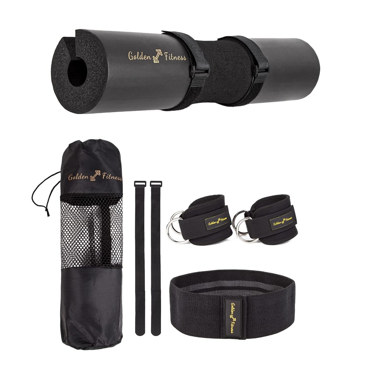 Golden Fitness Barbell Pad Squat Pad Barbell Foam Barbell Cushion Hip Thrust pad | Ankle Strap for Cable Machine | Hip Resistance Band | with Bonus Gym Carry Bag