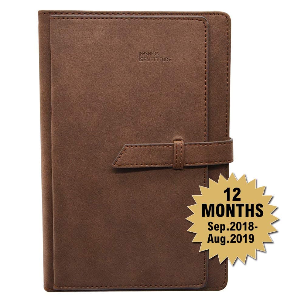 Daily Calendar Planner Sep. 2018 Through Aug 2019,Monthly Bullet Journal Organizer with Card Slots Pen Holder,A5 Faux Leather Cover,320 Beige Pages,Dated,Perfect for Use in Academic Year(Brown)