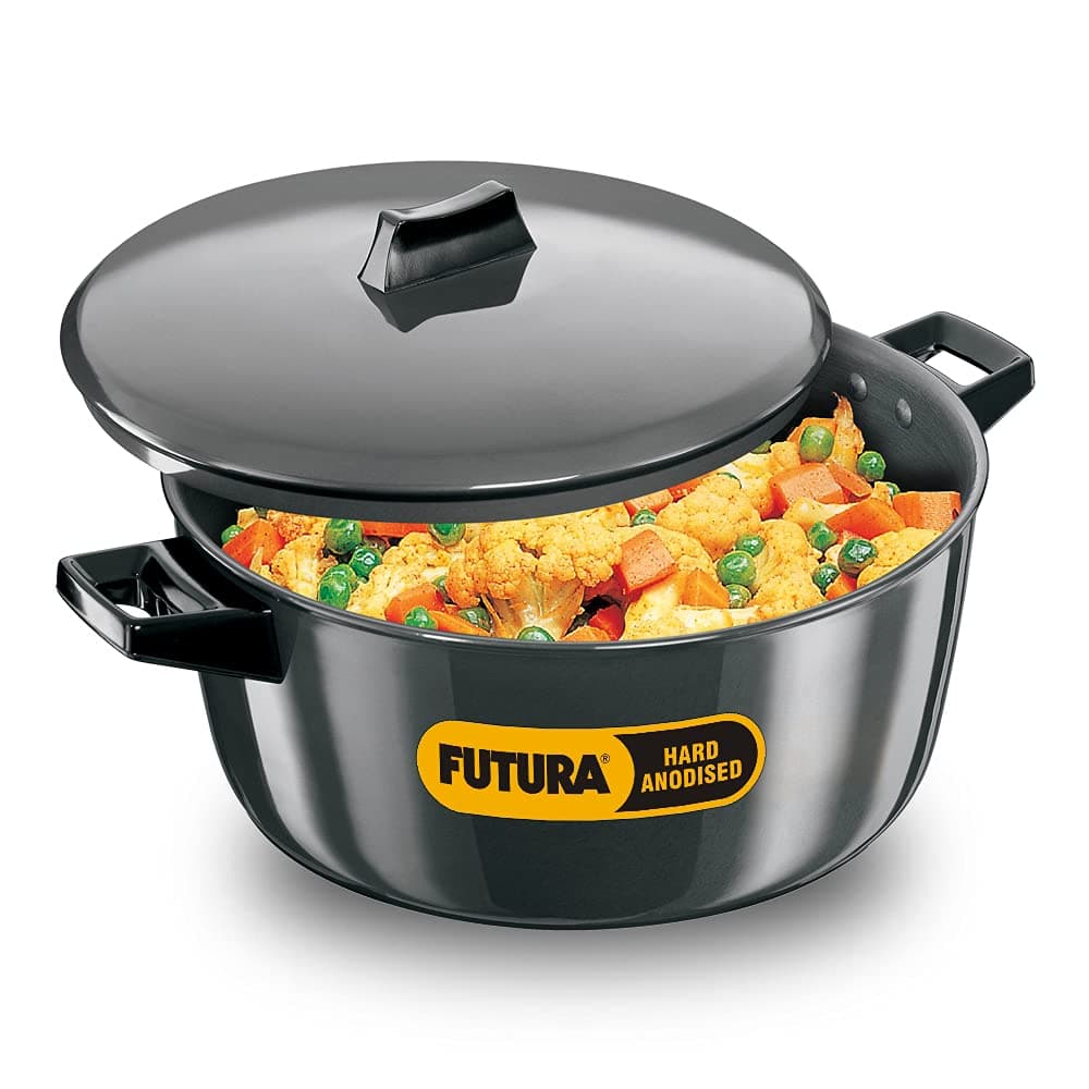 Futura 6 Litre Cook n Serve Bowl, Hard Anodised Saucepan with Hard Anodised Lid, Sauce Pan for Cooking and Serving, Black (ACB60) (Aluminium)
