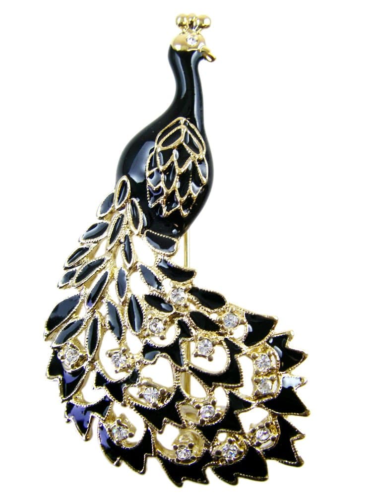 Black Enamel Peacock With CZ Crystals Pin - CZ Crystal Black Peacock Lapel Pin
