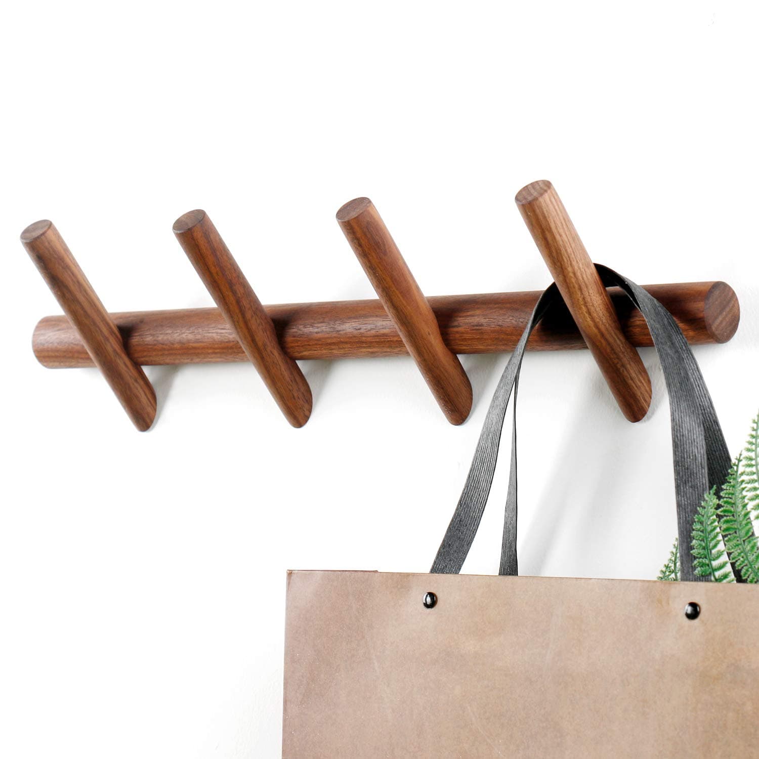 Wood Coat Hooks Wall Mounted Hat Rack Tower Hanger Wall Hooks Decorative Hanger with Pegs Entryway Bedroom Bathroom(Black Walnut,4 Hooks)