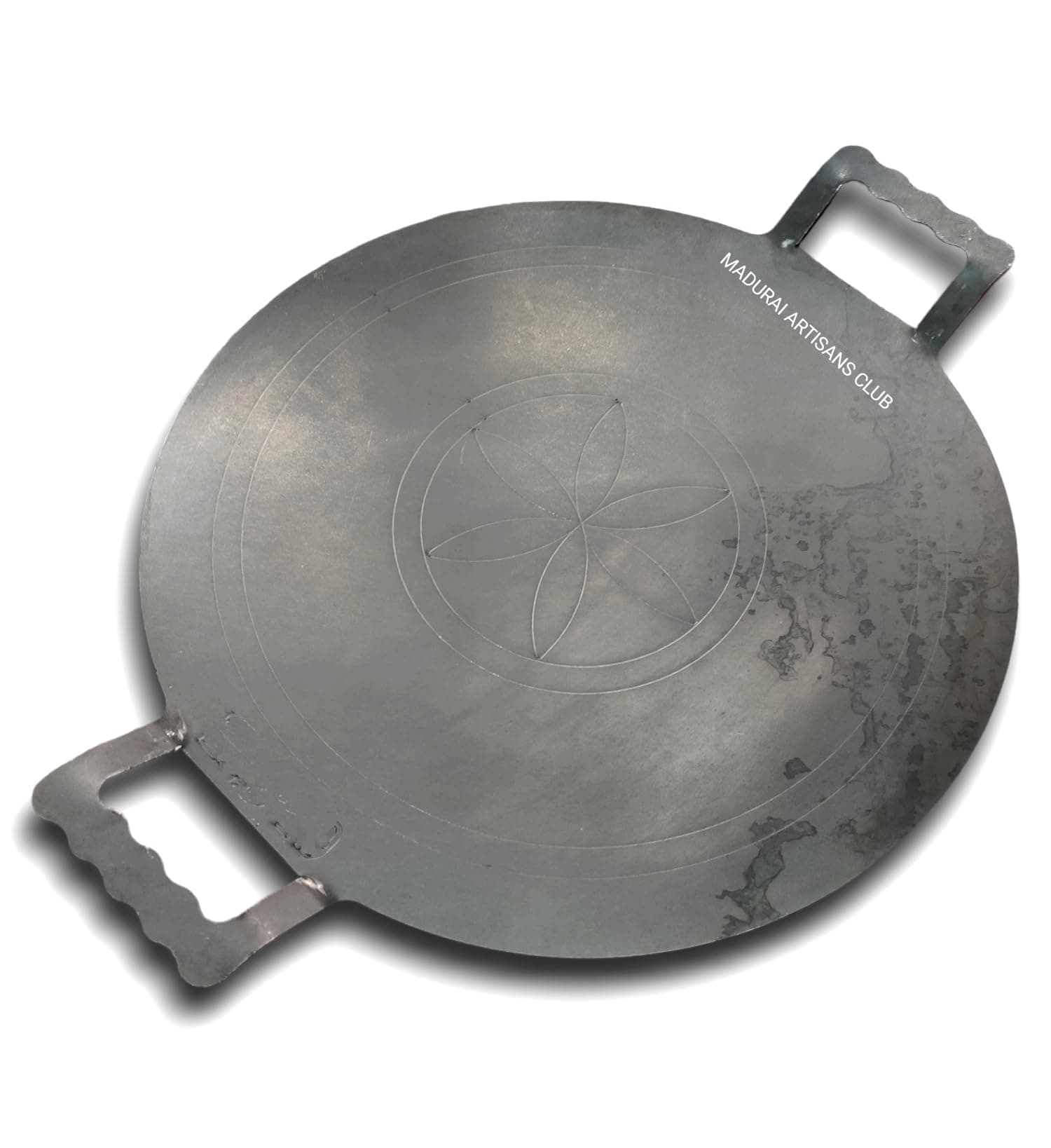 South Indian Style Dosa tawa, dosai kallu, roti tawa - Flat Design with Double Handle -27.5 cm / 11 INCH Approx. Diameter, Iron Made, Black Grey