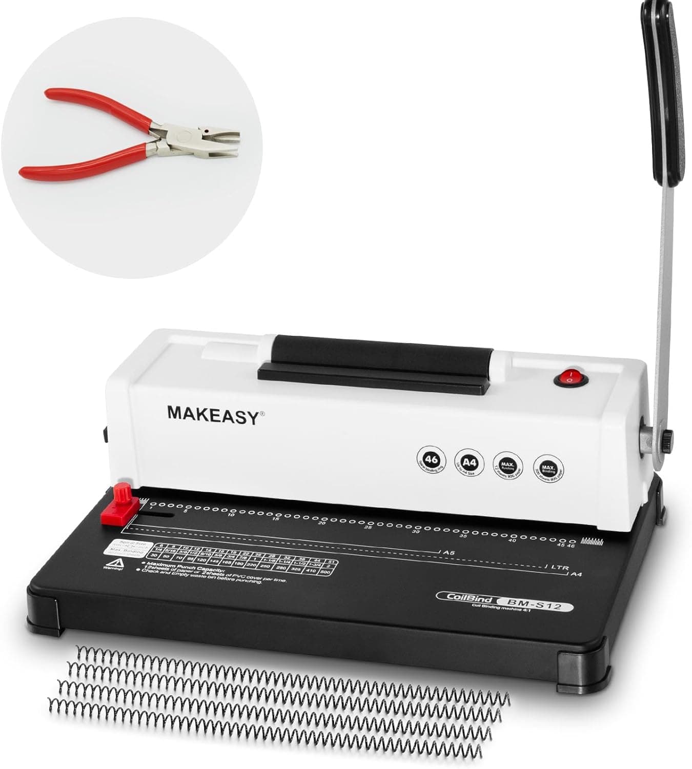 MAKEASY Spiral Binding Machine, 4:1 Pitch, 12 Sheets Punch Capacity, Electric Coil Insert, Book Binder Machine for A4/A5/Letter Size Paper, Come with 1 Box pcs 5/16'' Coils & Pliers