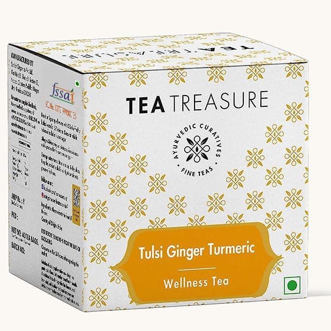Tea Treasure Tulsi Ginger Turmeric Wellness Tea | Boosts Immunity | Helps in Digestion | Control Cholesterol & Blood Sugar (10 Pyramid Tea Bags)