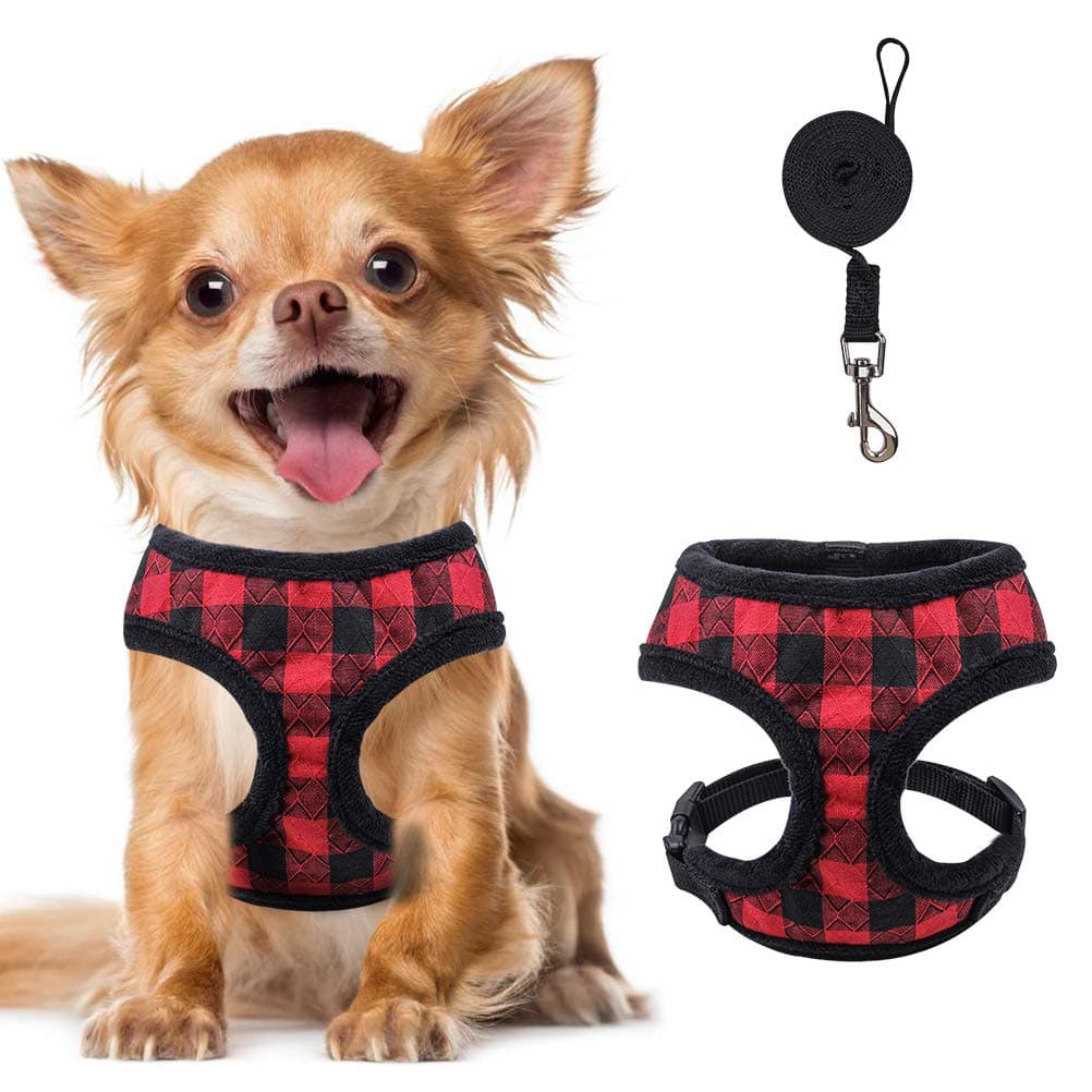 Self Heating Small Dog Harness and Leash Set Plaid Warm Plush Puppy Harness for Small Dogs, Cats, Puppies