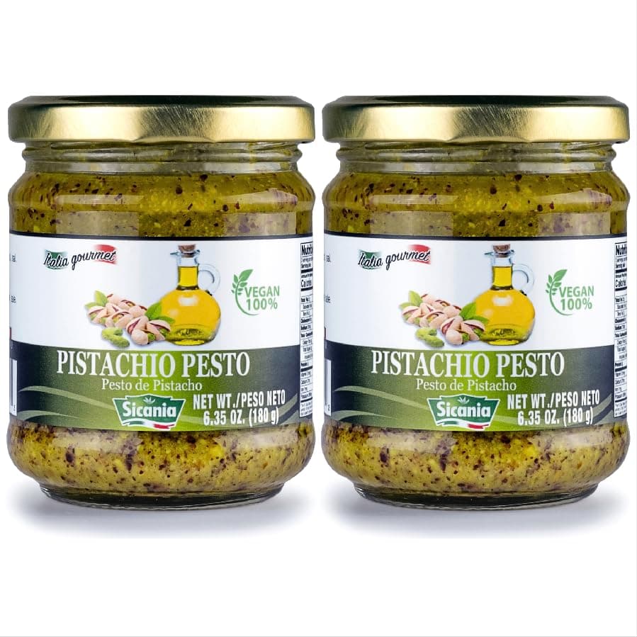 SICANIA Pistachio Pesto Sauce - 100% Italian, Healthy, Vegan, Gluten-Free, Palm Oil-Free, Sugar-Free, Ready-to-Eat - Add a Touch of Sicily to Your Meals, 180Gr (6.35oz) - Pack of 2