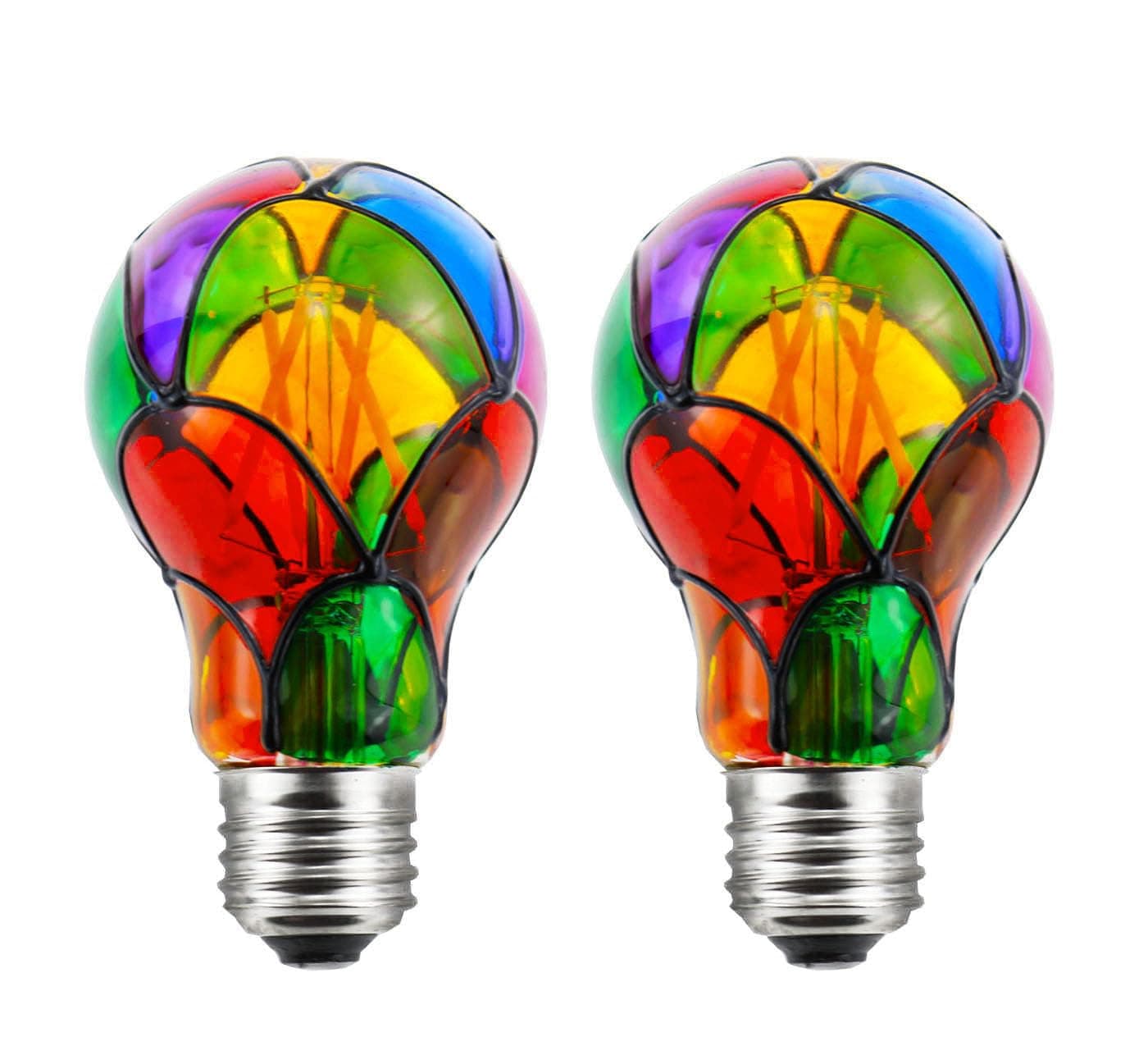 Dimmable Stained Glass LED Light Bulb Led Color Bulb,E26 Base 4 Watts A19/A60 LED Light Bulbs,for Party Light,Festive Atmosphere,Home Lighting,Bedside Lamp,2 Pack
