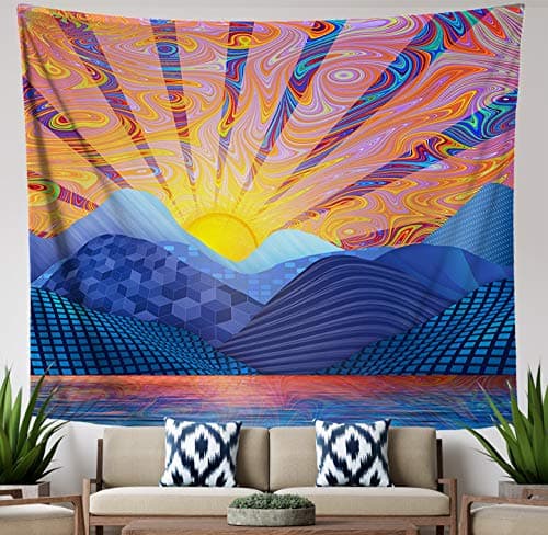 Psychedelic Sunrise Tapestry, Blue Mountain Trippy Landscape Wall Hanging for Bedroom Living Room Dorm, Large 84 x 72 inches