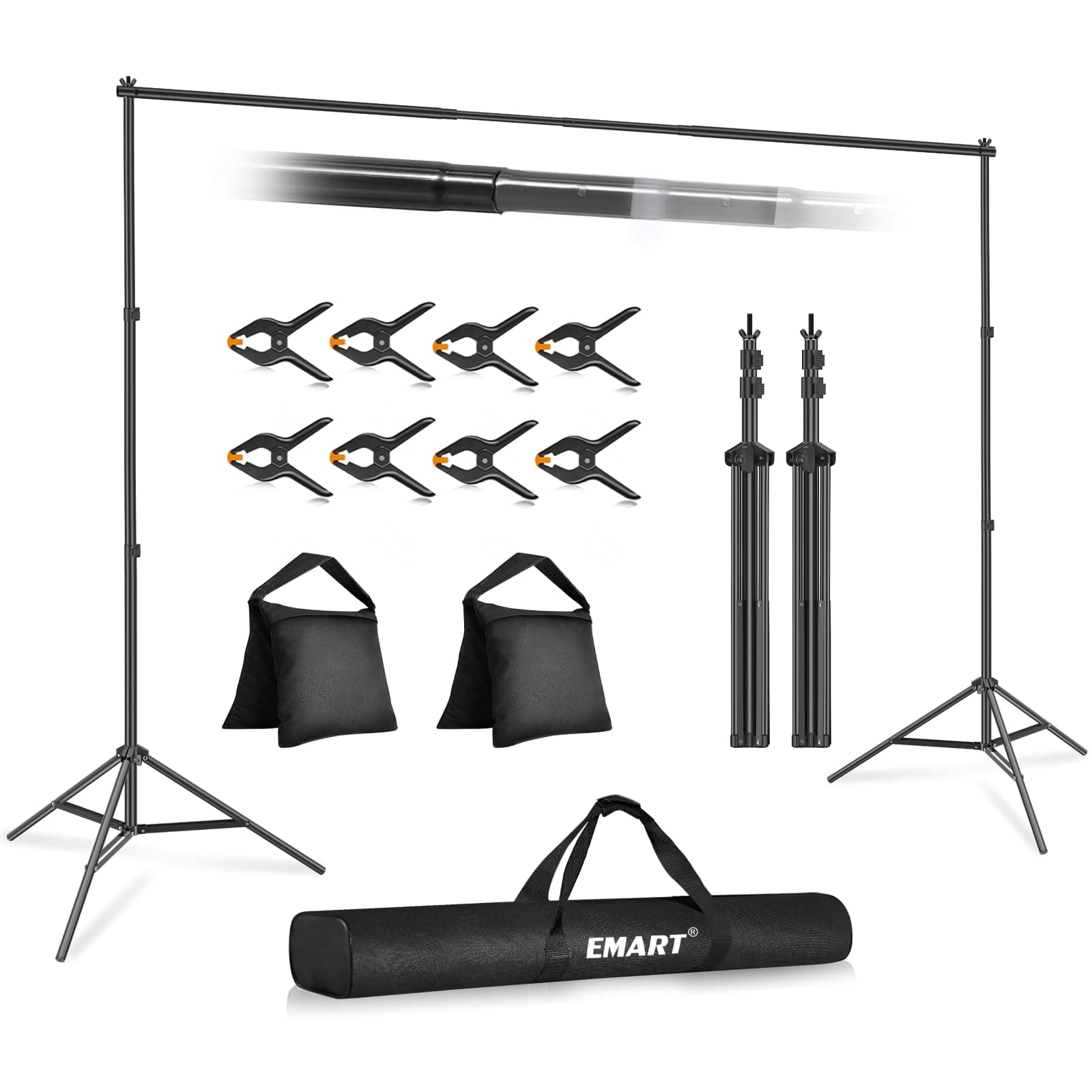 EMART Backdrop Stand, 10x7ft/3x2m Adjustable Background Support Kit with 2 Crossbars, 8 Clamps, 2 Sandbags and Carrying Bag for Photo Video Studio Parties Events Decoration -Black