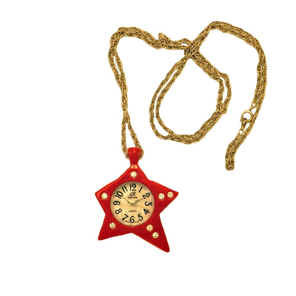 Red Jagged Star Shiny Crystal Encrusted Genuine Mother of Pearl Mini Necklace Chain Watch