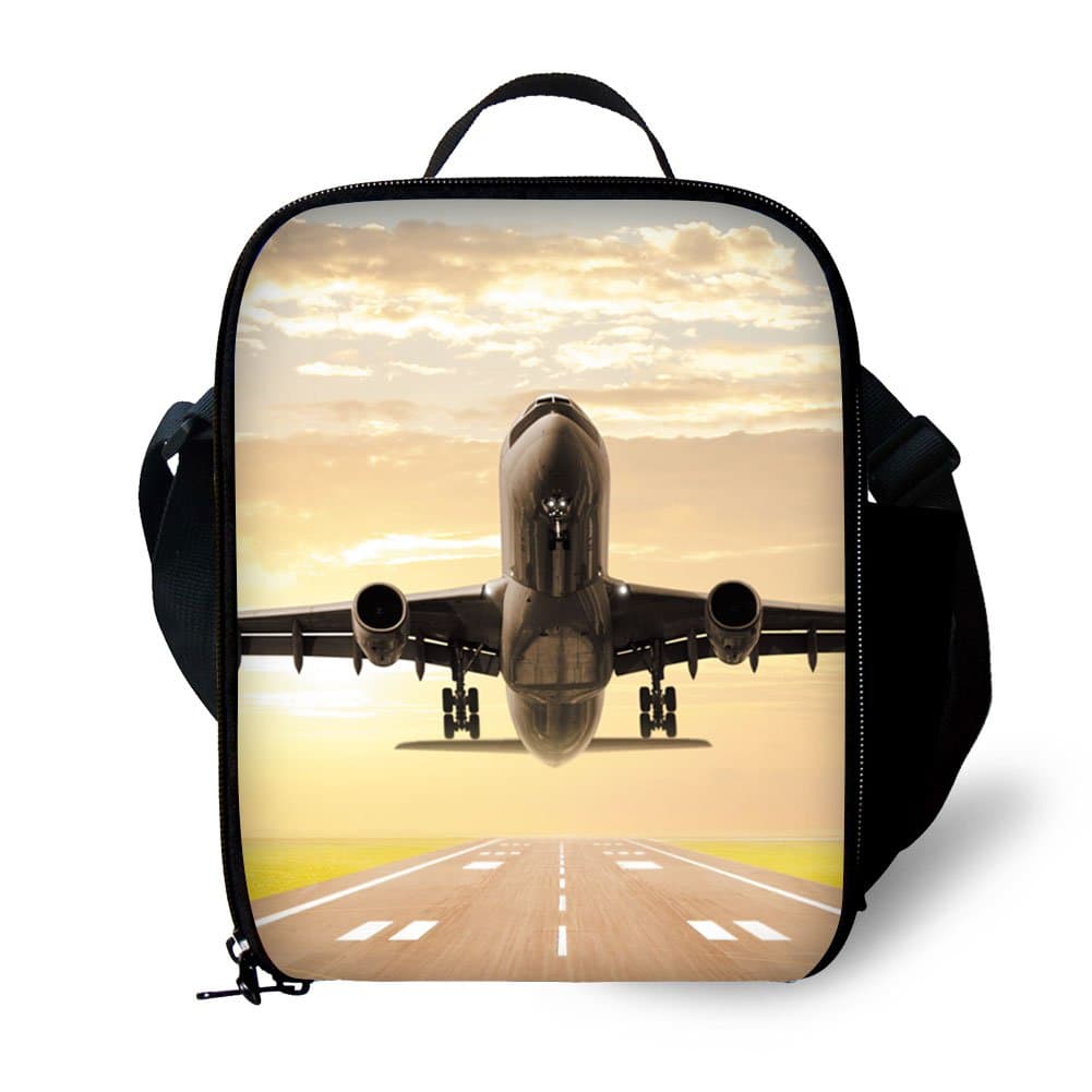 3D Airplane Print Kids Lunch Bag Durable Insulated Lunchbox Small Black Lunch Box for Children Boys Girls Customized Cooler Bag with Adjustable Shoulder Strap
