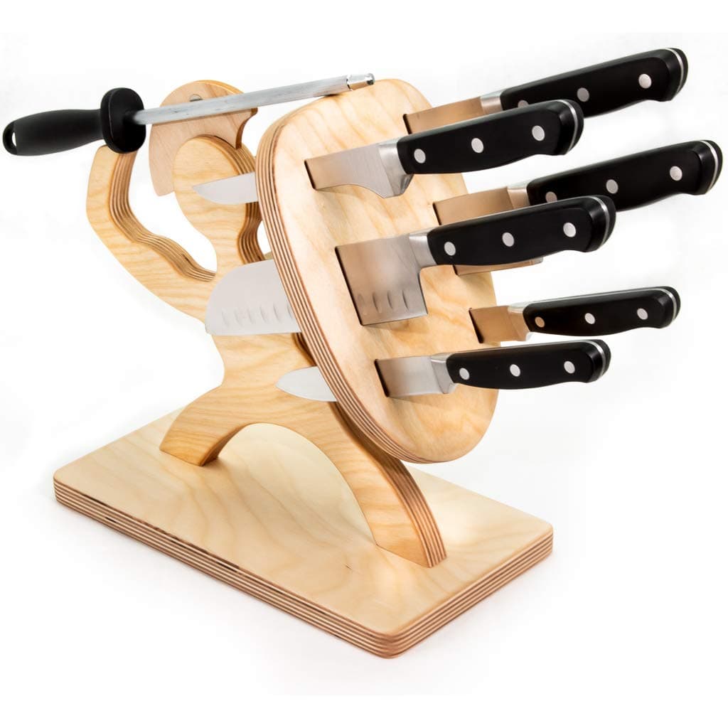 Spartan Knife Block - Handmade Premium Birch - Solid, Heavy, Professional Knives with Magnetic Steel Holder (Knife Set & Block)