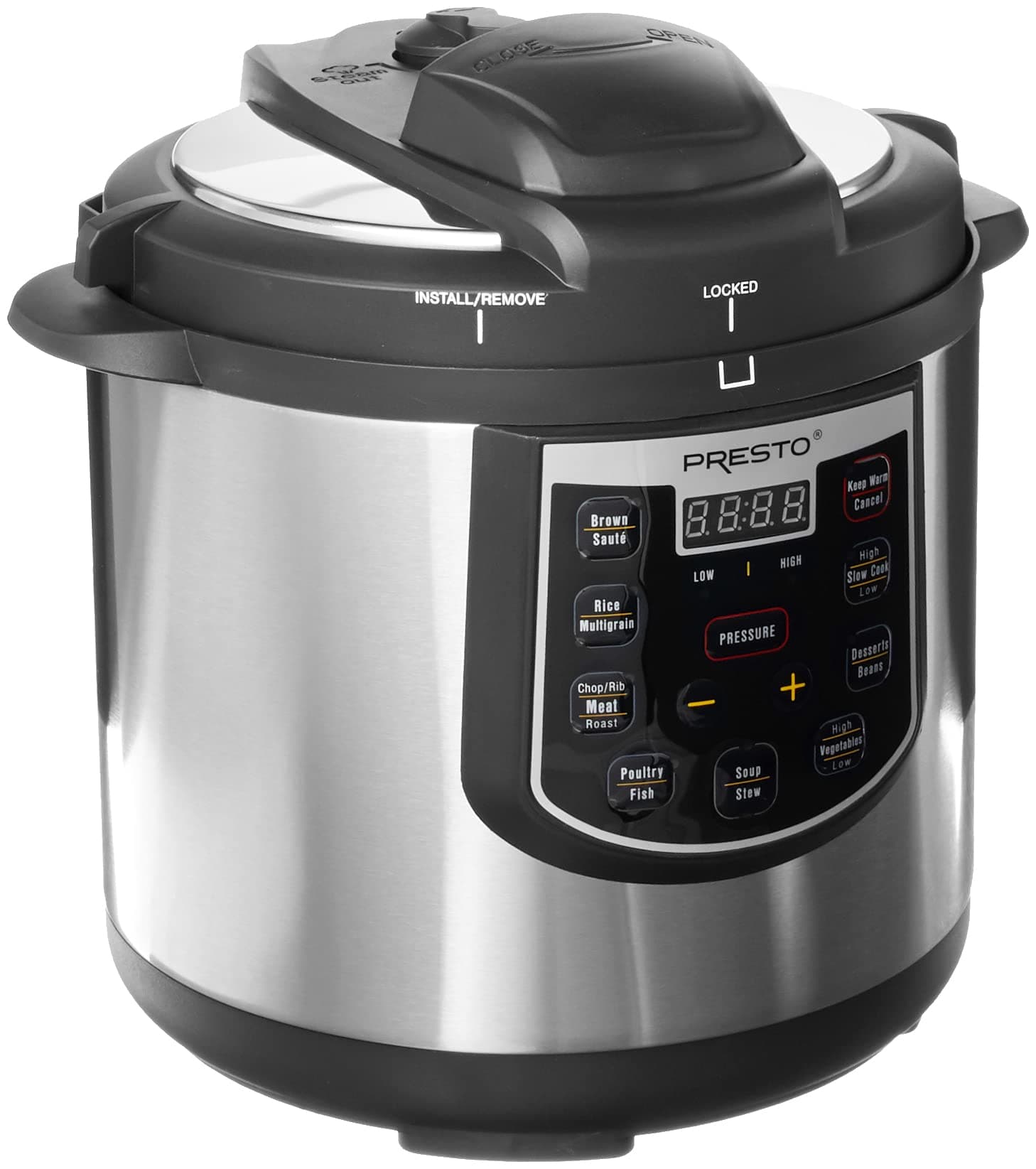 02141 6-Quart Electric Pressure Cooker, Black, Silver, Stainless steel