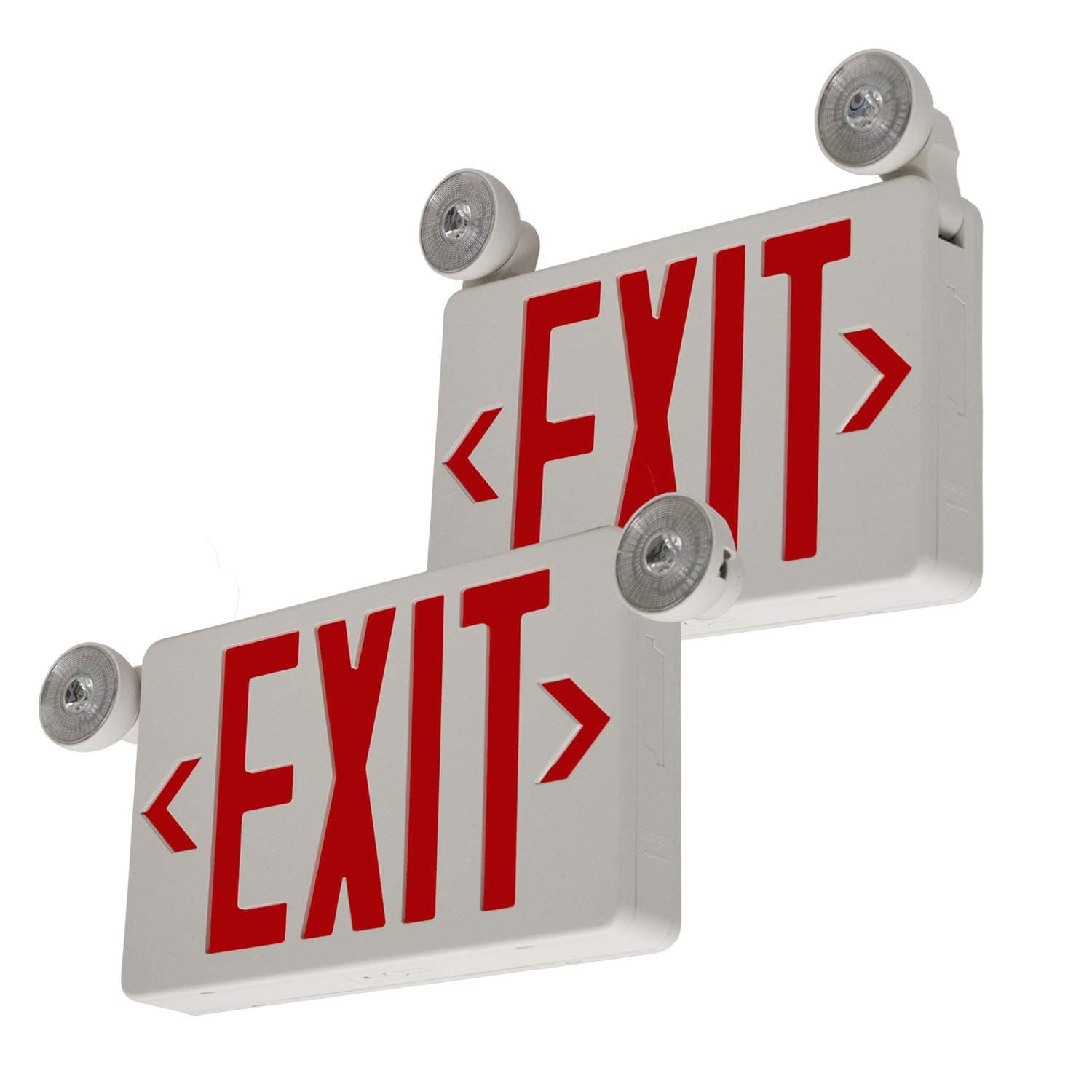 LFI Lights | Compact Combo Red Exit Sign with Emergency Lights | White Housing | All LED | Two Adjustable Round Heads | Hardwired with Battery Backup | UL Listed | (2 Pack) | COMBOC-R