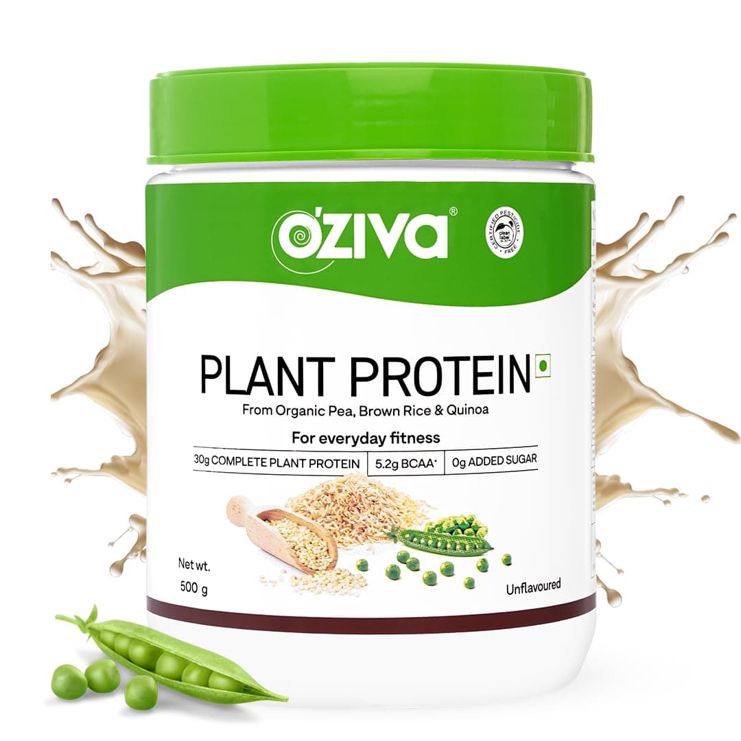 OZiva Organic Plant Protein Powder | 500 Gm | (30g Vegan Protein - Pea Protein a, Brown Rice Protein & Quinoa, Soy Free) for Everyday Fitness, Boosts Immunity, Unflavored (1.1 lb)