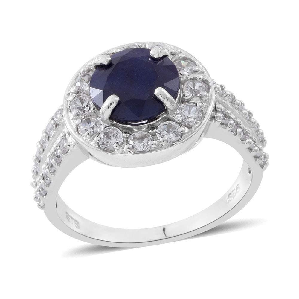 Blue Masoala Sapphire Round 3.25 Ct, Natural White Cambodian Zircon Halo Ring in Rhodium Plated Sterling Silver 5.25 Ct Lovely Birthday Gift for Women Girls