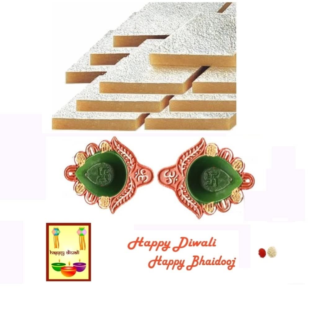 Diwali/Bhai dooj Sweets - Kaju Katli with 2 Diwali Diya with Diwali Card and Roli Tika